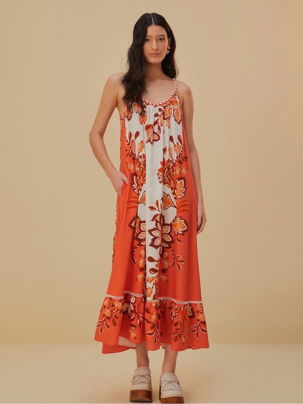 Farm Rio NWT XS Orange Floral Maxi Dress with Rope Trim